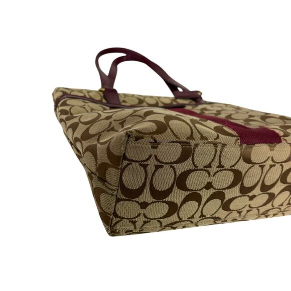 Coach Signature Stripe Tote Bag Tan Jacquard Pink Plum Patent Leather F28504 - Picture 9 of 15